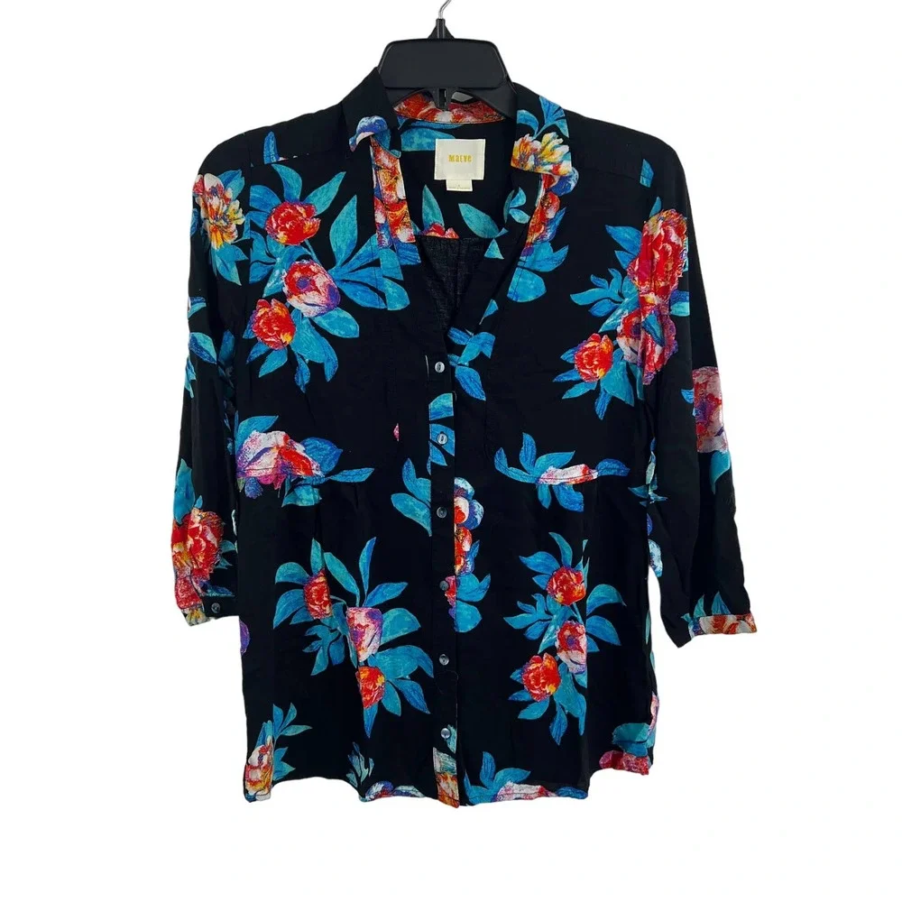Anthropologie Maeve Woodland‎ Walk Black Floral Blouse Size 4